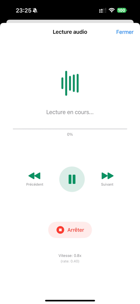 SeneNews – Infos & Actualité - Interfaccia del lettore audio nell'app SeneNews che mostra i controlli di riproduzione e la funzione text-to-speech.