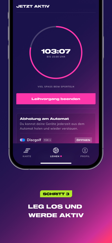 Sportogo mobile app interface showing an active equipment rental timer and a button to open a locker door for disc golf