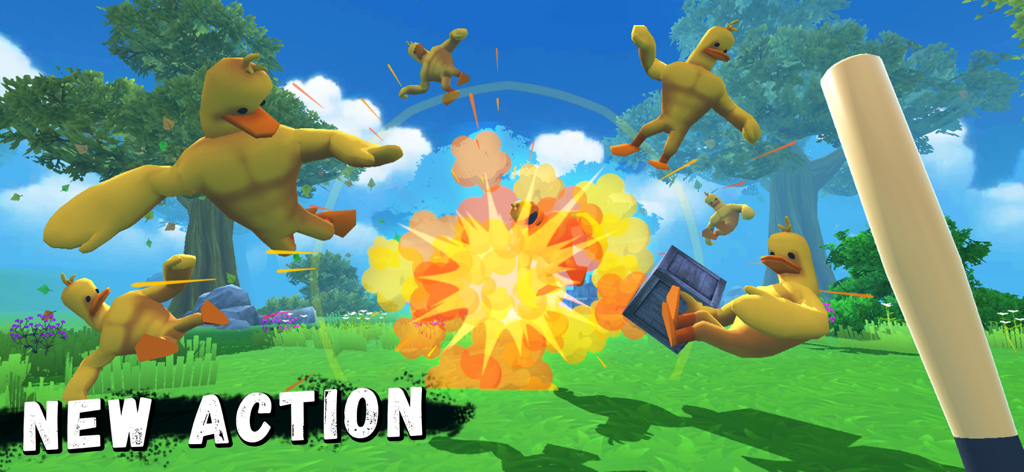 Angry Boy Pedro and His Friend - Vista en primera persona de patos musculosos volando por el aire después de una explosión en un parque con césped