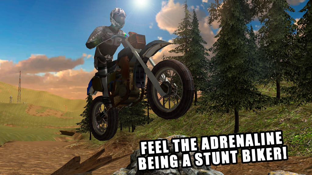 A stunt biker performing a high jump on a mountain trail in Downhill Bike Simulator 3D