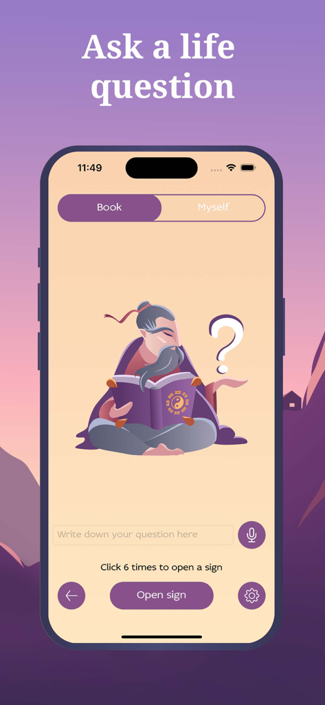 I Ching Fortune Teller - Interface do aplicativo Oráculo de I Ching para fazer perguntas sobre a vida com uma ilustração de sábio