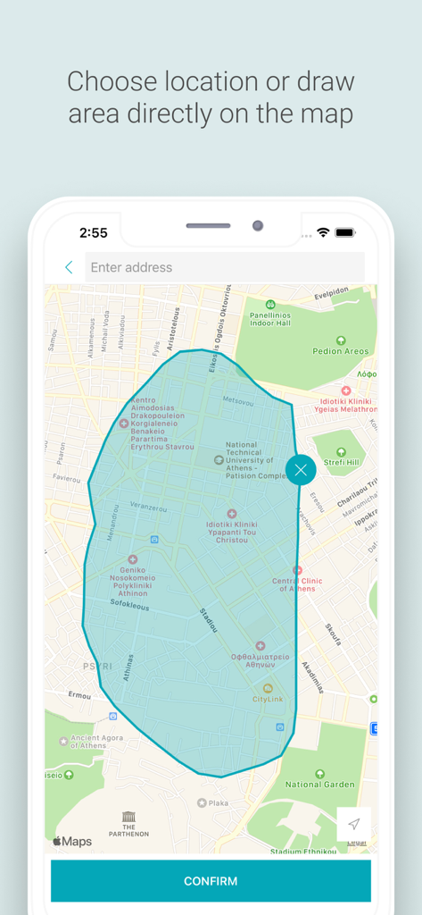 Map search feature in the Spitogatos app showing a custom drawn area over Athens