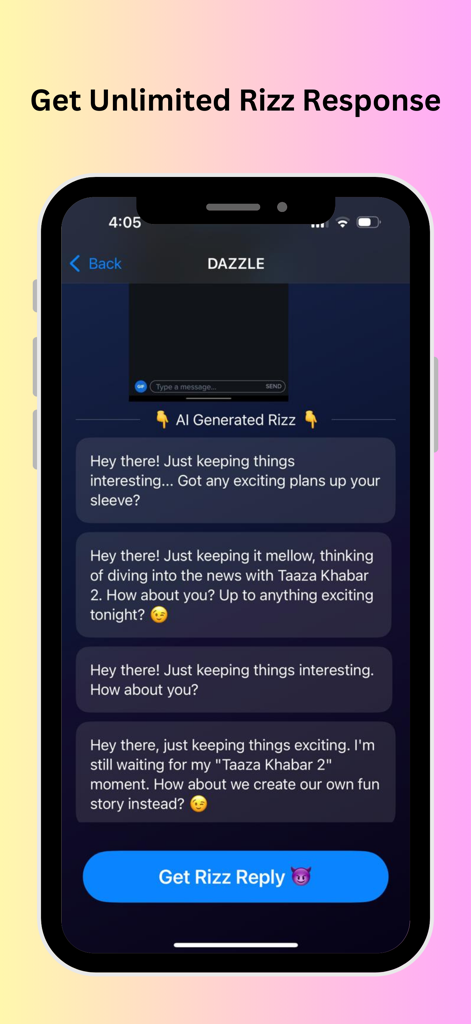 Interfaz de la aplicación Dazzle que muestra varias respuestas de texto generadas por IA para aplicaciones de citas.