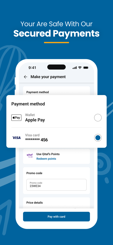 MacQueen app payment screen showing Apple Pay and Visa options for secure hotel bookings.