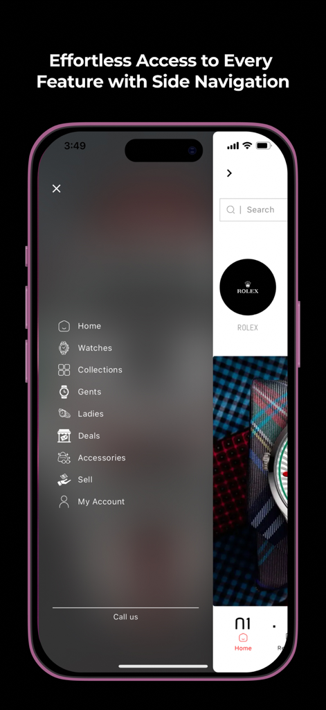 Azzam Watches - Azzam Watches mobile app interface showing the side navigation menu with categories like Gents Ladies and Collections