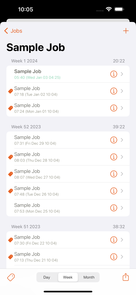 Cronologia settimanale delle voci di tempo per un lavoro nell'app Time Arc che mostra le ore lavorate e le date.
