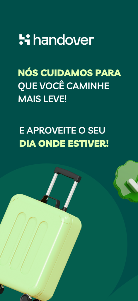 Handover: Luggage Smart Locker - Handover app promotional screen featuring a green suitcase and a message about light travel and luggage storage.