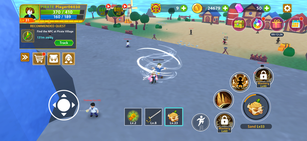 Pirate Devil - 3D combat scene in Pirate Devil mobile game featuring an anime character performing a spin attack near a village