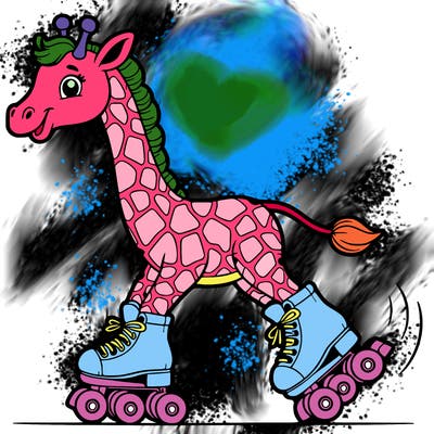 a giraffe roller skates