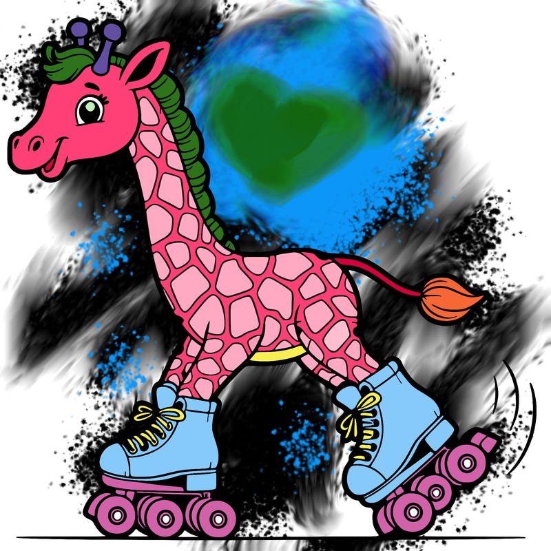 a giraffe roller skates