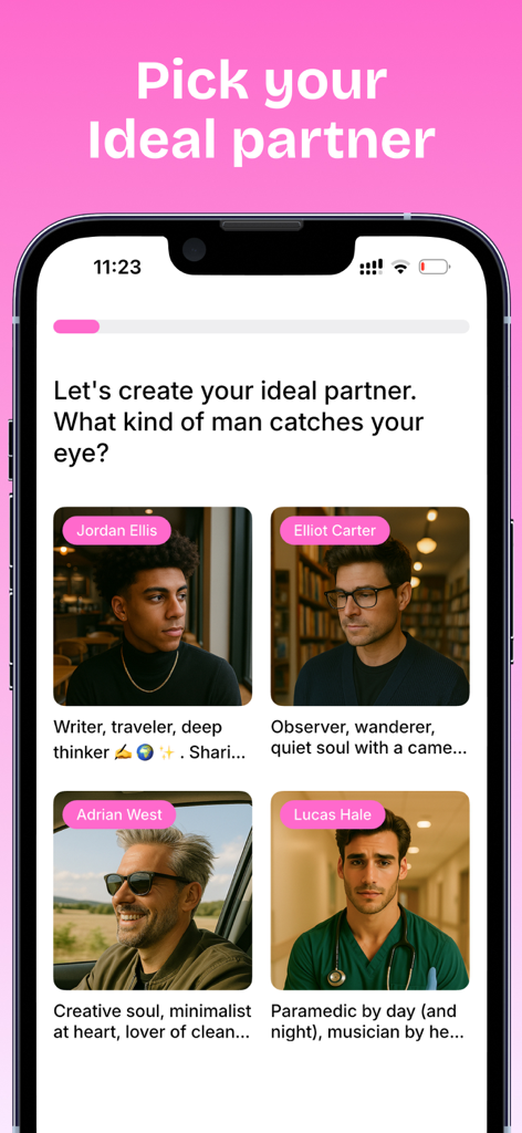 AI Boyfriend Chat - Husby - Screen from Husby app showing four diverse AI boyfriend profiles with photos and personality descriptions to choose from.