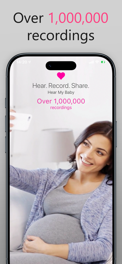 A smiling pregnant woman taking a selfie on the Hear My Baby app interface which displays over one million recordings.