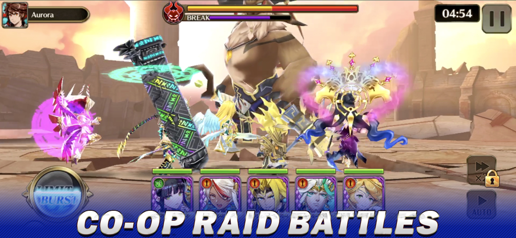 VALKYRIE CONNECT - Um grupo de heróis em estilo anime lutando contra um chefe gigante em uma batalha de raid co-op em Valkyrie Connect.