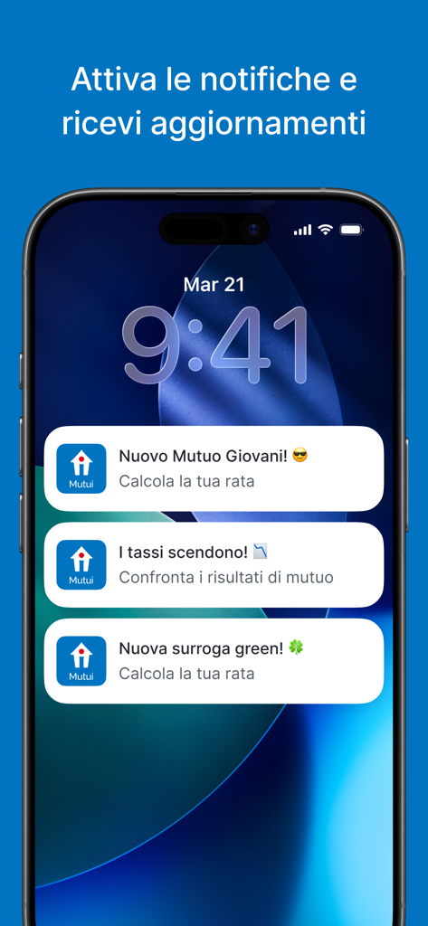 Smartphone screen showing mortgage and interest rate notifications from the Immobiliare.it Mutui app