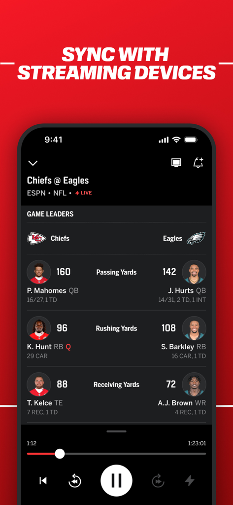 ESPN app interface displaying NFL game player stats and a streaming sync option