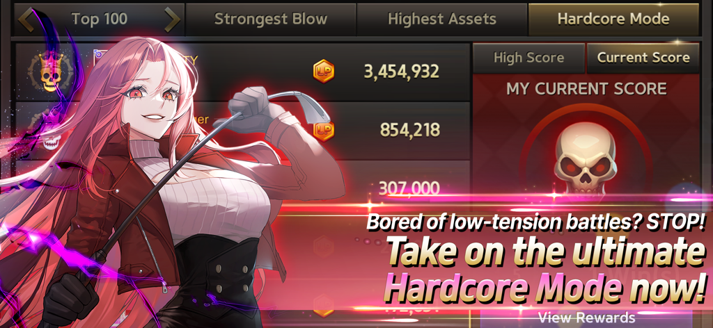 Game of Dice: Board&Card&Anime - Anime character with pink hair and a golf club next to the Hardcore Mode leaderboard in Game of Dice