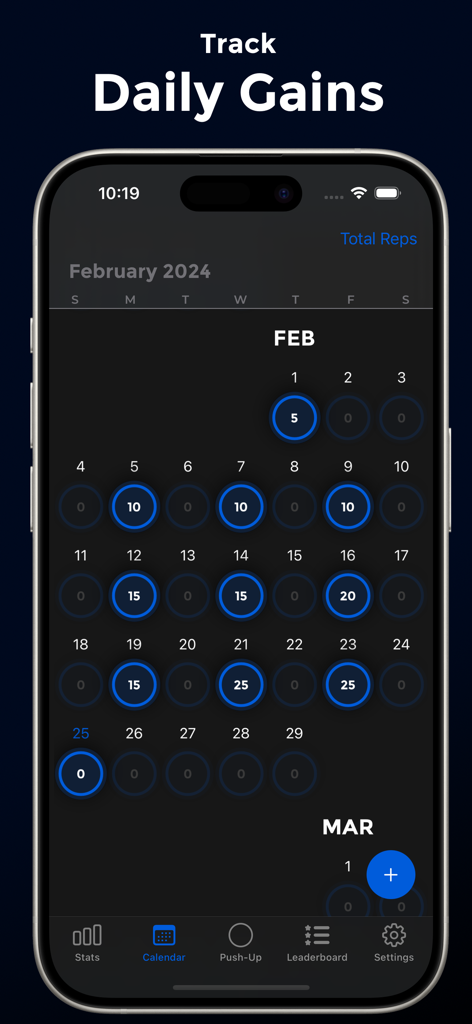 PushFit Pro - Calendario de entrenamiento diario de PushFit Pro que muestra las repeticiones de flexiones rastreadas en una interfaz de modo oscuro