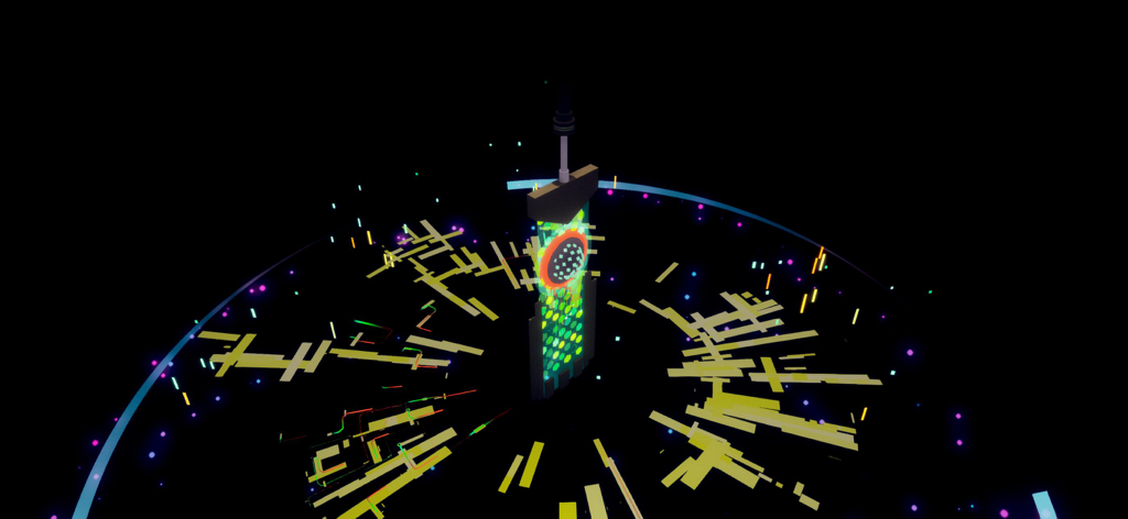 Una visualizzazione audio 3D futuristica con una torre centrale ed elementi geometrici gialli