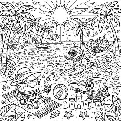 Get ready for an out-of-this-world summer adventure with this playful coloring page! Discover a hilarious scene where space probes ditch their missions for sun, sand, and surf on a tropical beach.
