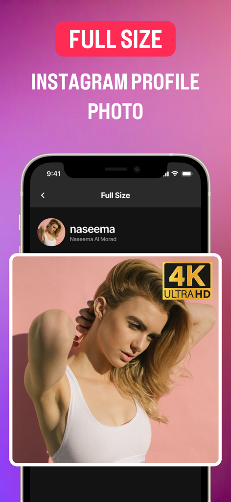 Instadp - Insta Profile Zoomer - Interface do aplicativo mostrando uma foto de perfil do Instagram em tamanho real 4K ultra HD