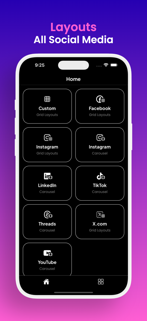 Pixislice - Image Splitter - A mobile interface of the Pixislice app showing a grid of layout options for social media platforms including Instagram, LinkedIn, and TikTok.