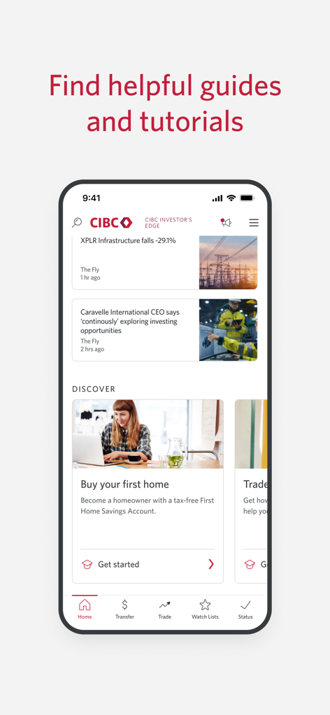 CIBC Mobile Wealth - Application CIBC Mobile Wealth montrant des tutoriels d'investissement et un flux d'actualités.