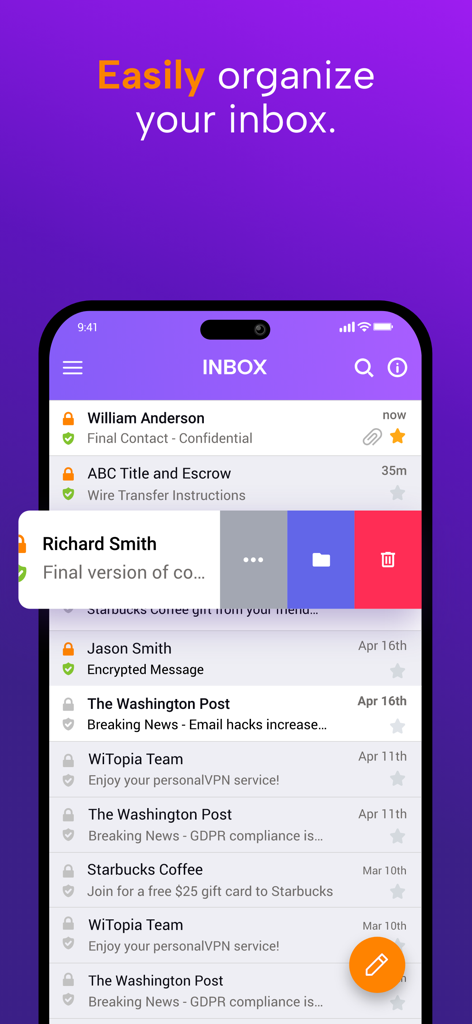 SecureMyEmail - SecureMyEmail app inbox screen showing encrypted messages and swipe actions for organization