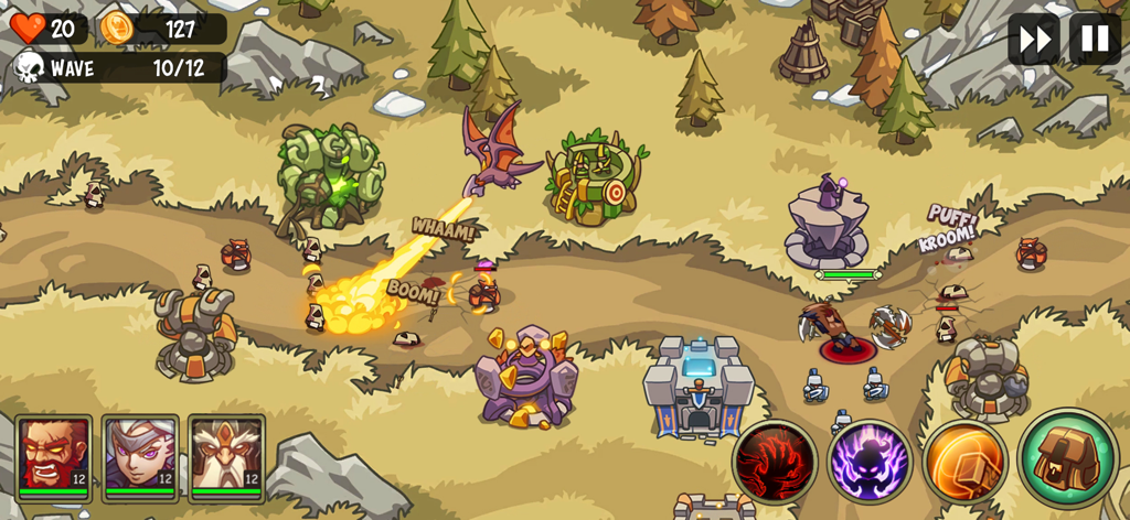 Gameplay screenshot of Empire Warriors showing tower defense strategy with heroes and battle towers.