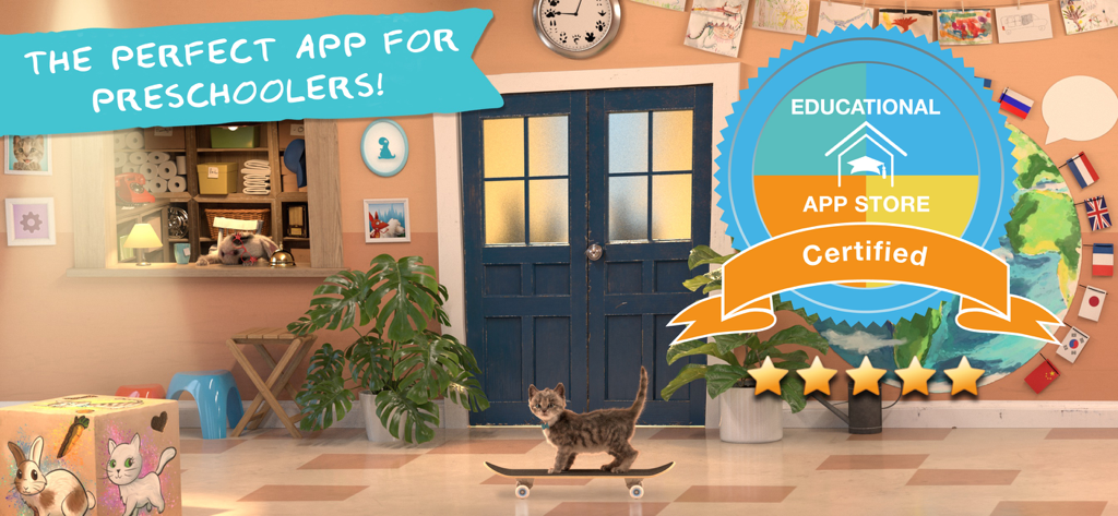Little Kitten: Pet Cat School - Little Kitten on a skateboard in a school classroom with an educational app store certification badge and five stars