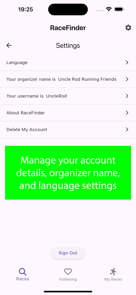 RaceFinder - RaceFinder mobile app settings screen displaying account management options and language settings