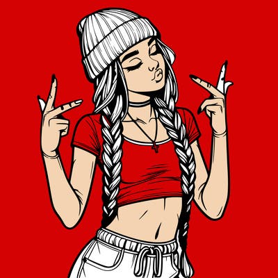 realistic teenage girl with braids and a beanie and crop top doing 🫶🏼