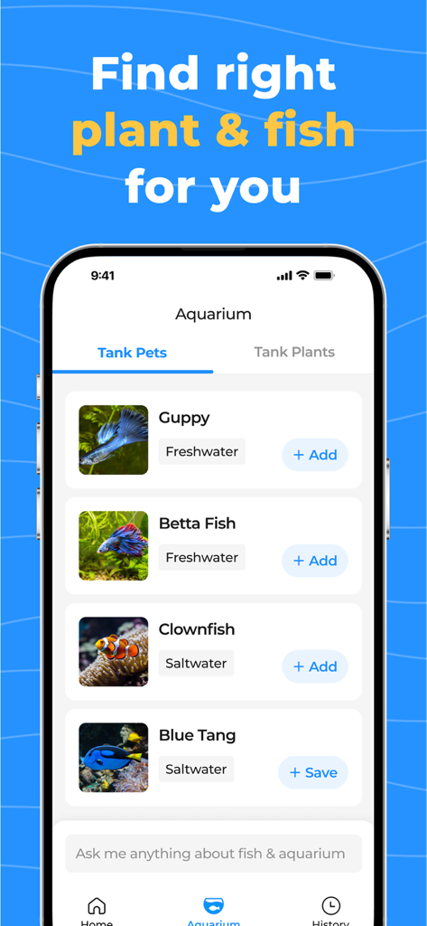 OkayFish - Pet Fish Care Guide - OkayFish app interface showing a searchable list of freshwater and saltwater fish species for aquarium planning.