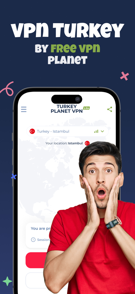 VPN Turkey – Fast and Private - Aplicativo VPN Turquia da Planet VPN mostrando localização do servidor em Istambul e um homem surpreso