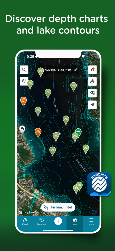 Fishing Spots - Fish Maps - Handy-Bildschirm mit interaktiven Angelkarten mit Navionics-Tiefenkarten und Seenkonturen