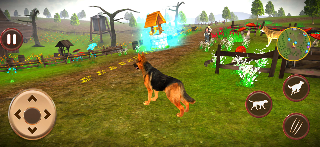 Dog Life Simulator: Dog Games - A German Shepherd dog explores a vibrant farm village in the Dog Life Simulator mobile game.