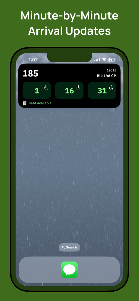 Pantalla de bloqueo del iPhone que muestra Actividad en Vivo de Singapore Bus con tiempos de llegada y disponibilidad de asientos para el autobús 185