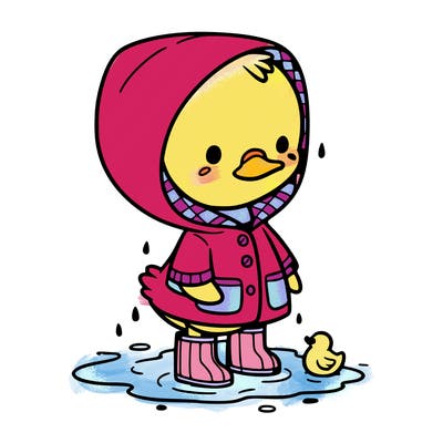 baby duck in a rain coat and boots, in a puddle while it’s raining