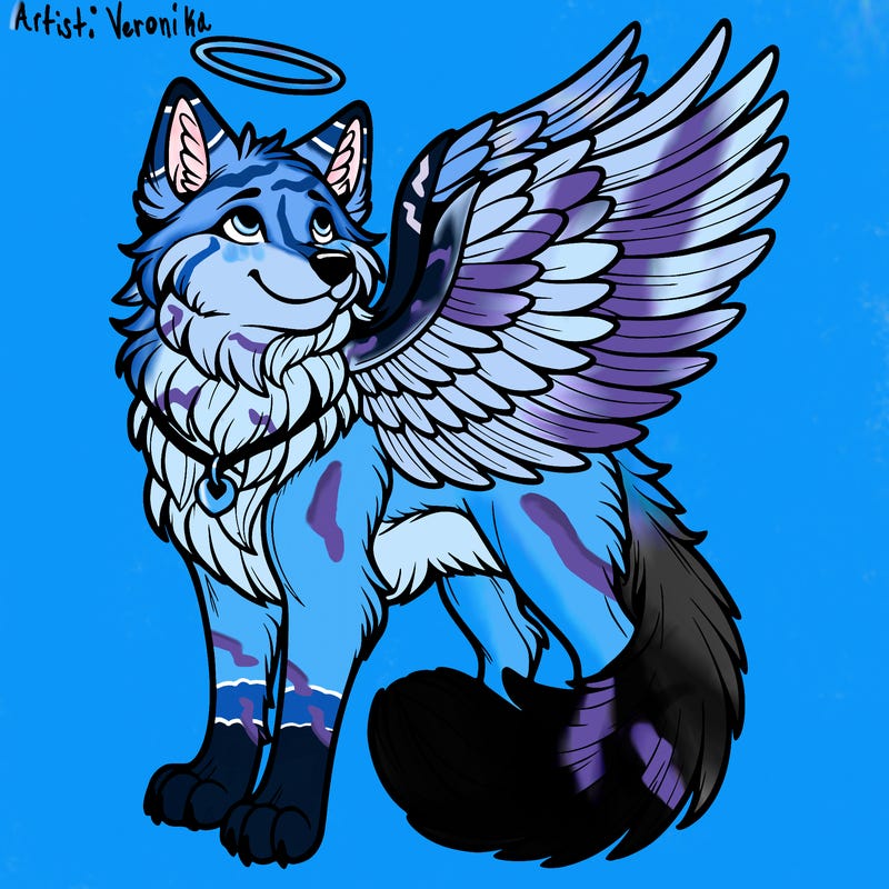 realistic wolf with wings and a halo