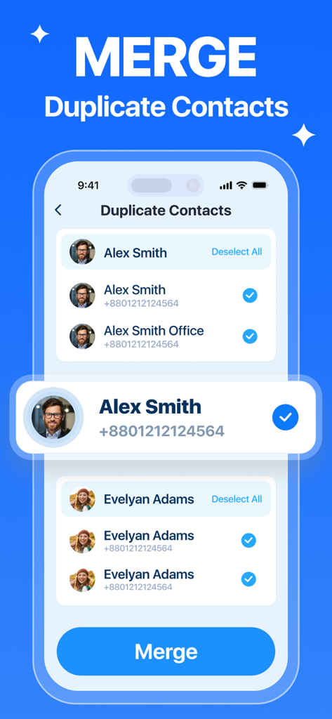 Interfaz de la aplicación Phone Cleaner que muestra la función de fusión de contactos duplicados.