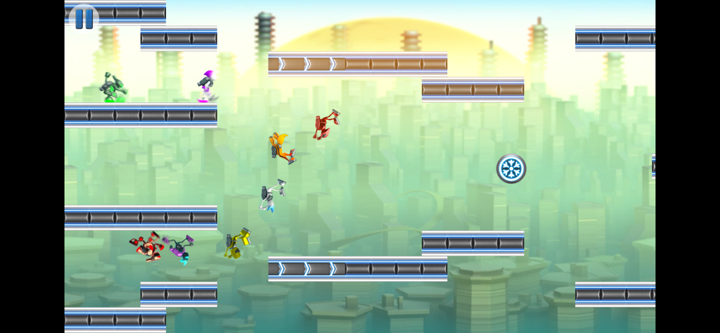 G-Switch 4: Creator - Multiple robotic characters racing and switching gravity in a futuristic city landscape