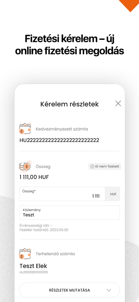 CIB Bank mobile app payment request interface showing transaction details and amount in Hungarian Forint