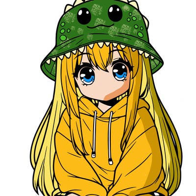 girl with anime shaped eyes with a dinosaur bucket hat oversized sweatshirt long straight hair
