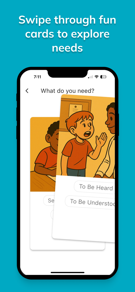 Feelings & Needs: Kids Edition - An interface showing illustrated cards for children to identify needs like being heard and understood