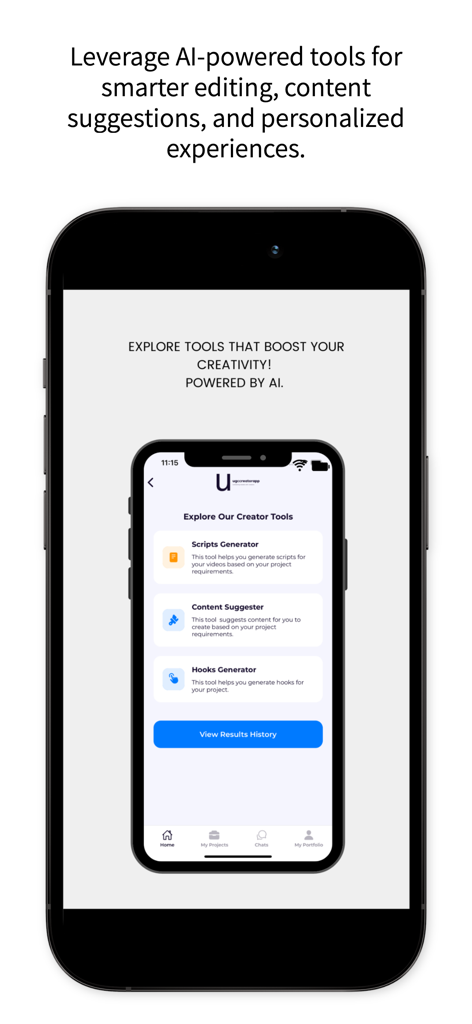 UGCCreatorapp - Smartphone screen of UGCCreatorapp showing AI tools for scripts content suggestions and hooks generator.