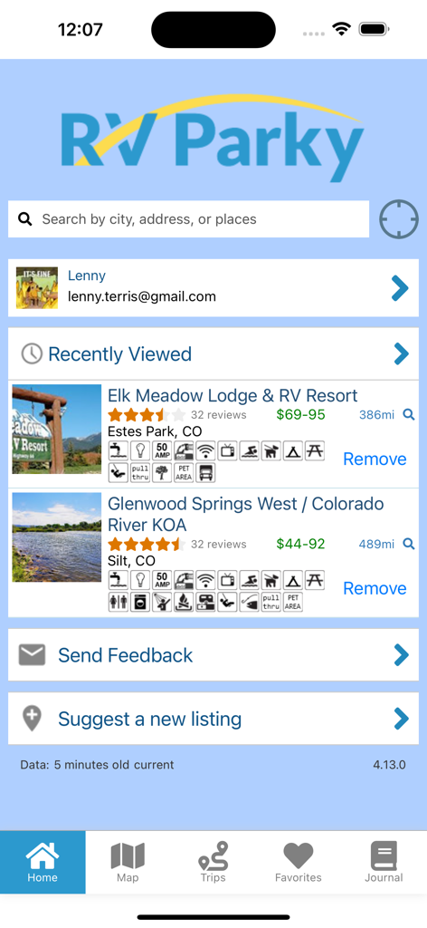 RV Parky mobile app interface showing a search bar and recently viewed campgrounds with ratings and amenity icons