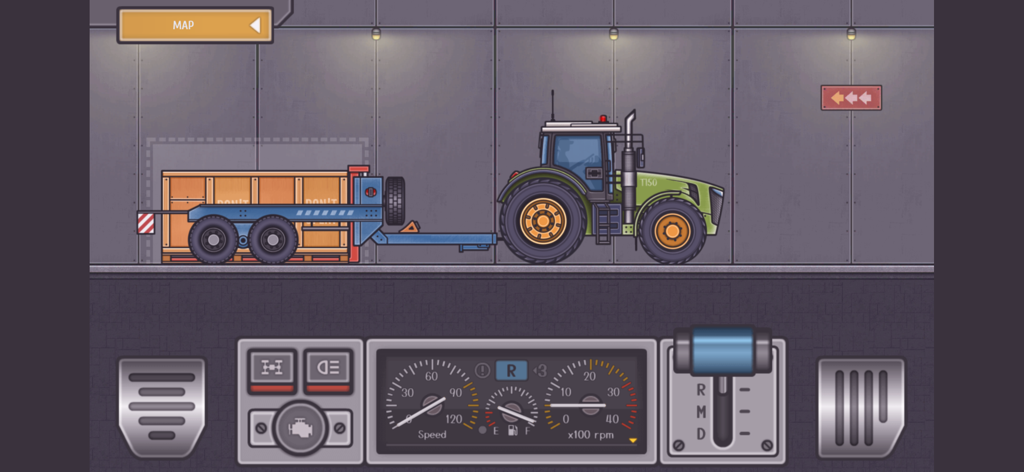 Trucker Ben - Truck Simulator - Un tractor verde tirando de un remolque con una caja de madera en un juego de simulación 2D que presenta un tablero detallado con indicadores y engranajes.