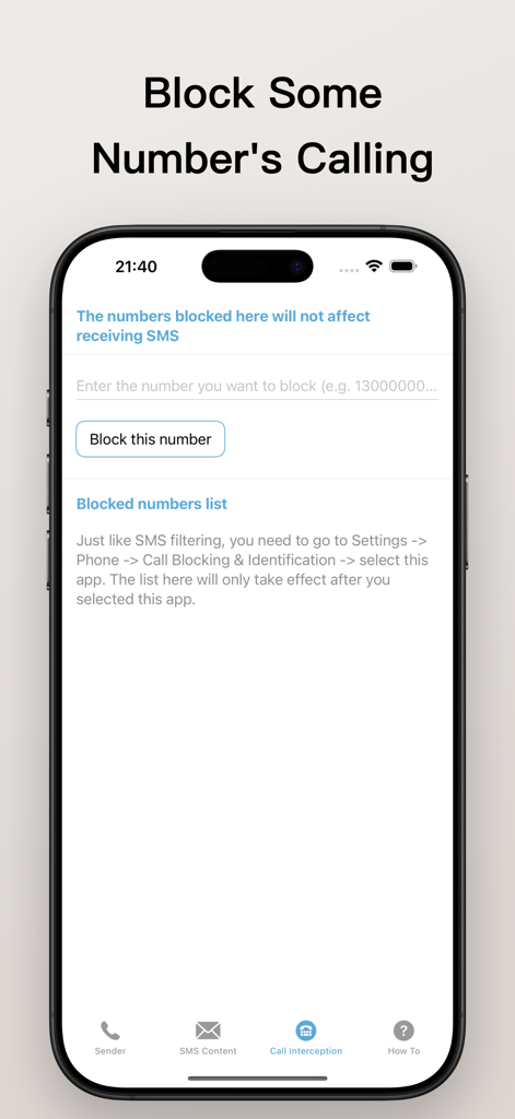 Quiet - Filter Spam SMS & Call - Interface de l'application Quiet montrant la fonctionnalité pour bloquer des numéros de téléphone spécifiques tout en autorisant les SMS.