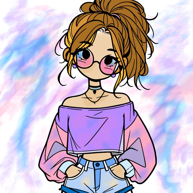 girl with a messy ponytail glasses a baggy crop top and jean shorts