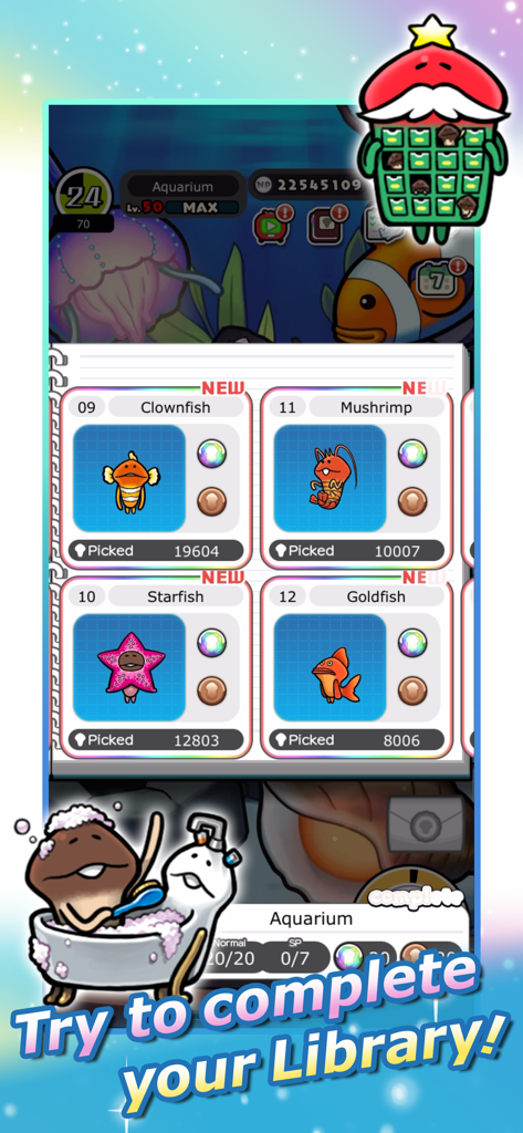 Everyone's Mushroom Garden - La pantalla de colección de la biblioteca de hongos en El Jardín de Hongos de Todos con personajes temáticos de acuario.
