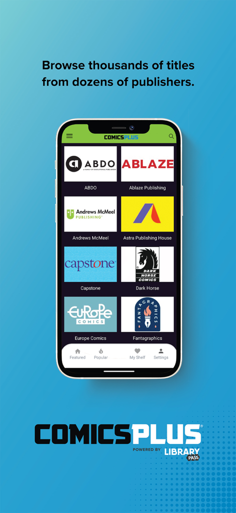 A mobile interface for the Comics Plus app displaying various comic and manga publishers including Dark Horse and Fantagraphics.